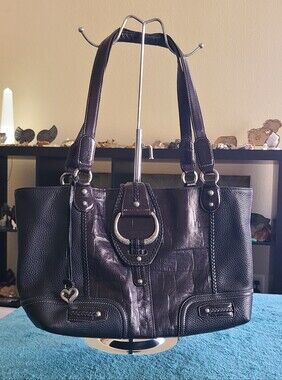 Brighton Black Leather Shoulder Bag with Silver Ring Accent